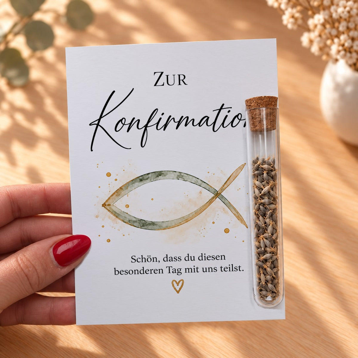Gastgeschenk zur Konfirmation mit Fisch in der Hand