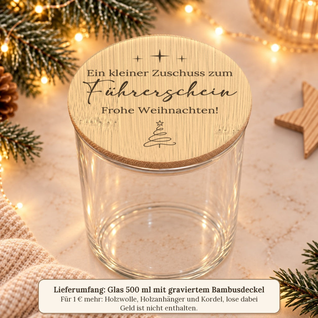Lieferumfang: leeres 500-ml-Glas mit graviertem Bambusdeckel, Zubehör für 1 € mehr, Geld nicht enthalten