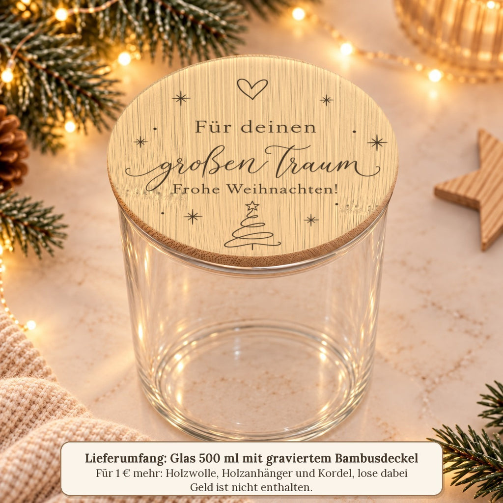 Lieferumfang: leeres 500-ml-Glas mit graviertem Bambusdeckel, Zubehör für 1 € mehr, Geld nicht enthalten