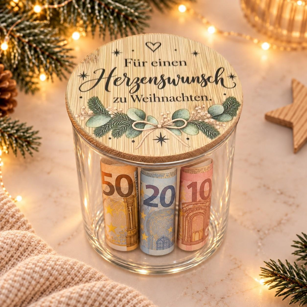 Standardversion: Glas „Herzenswunsch“ mit gerollten Geldscheinen, ohne Zubehör