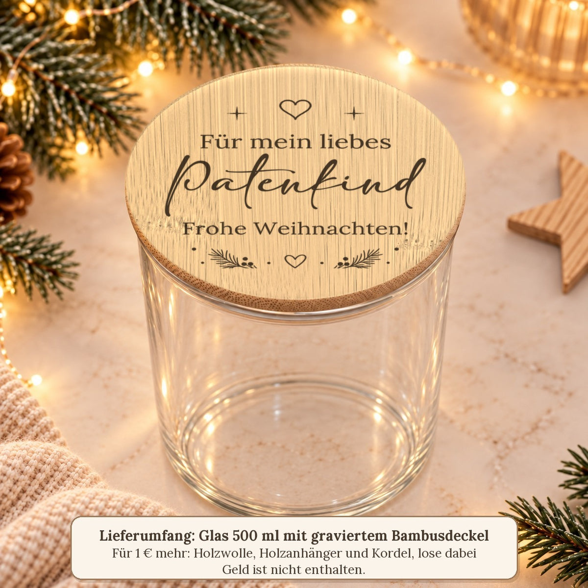 Lieferumfang: leeres 500-ml-Glas mit graviertem Bambusdeckel, Zubehör für 1 € mehr, Geld nicht enthalten