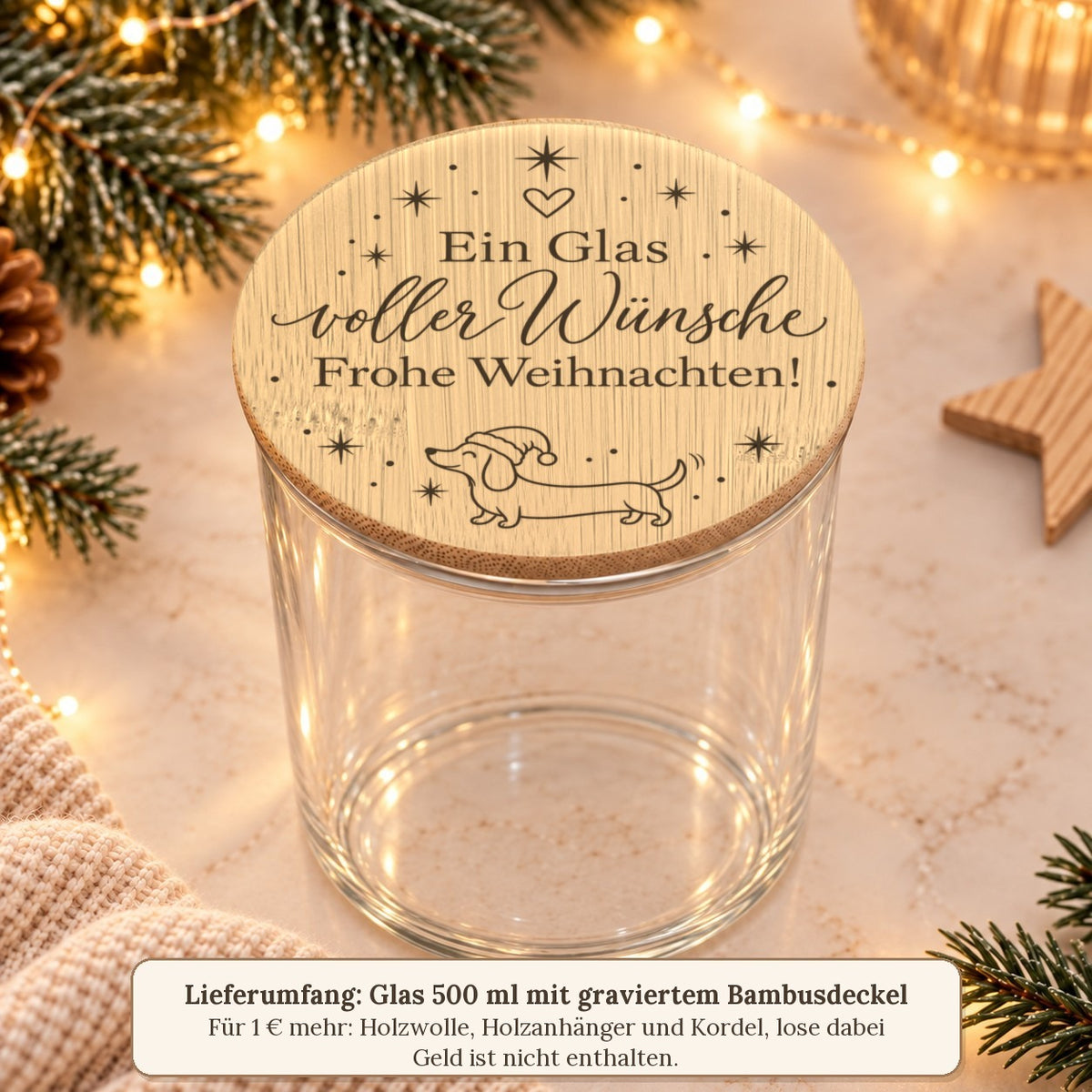 Lieferumfang: leeres 500-ml-Glas mit graviertem Bambusdeckel, Zubehör für 1 € mehr, Geld nicht enthalten