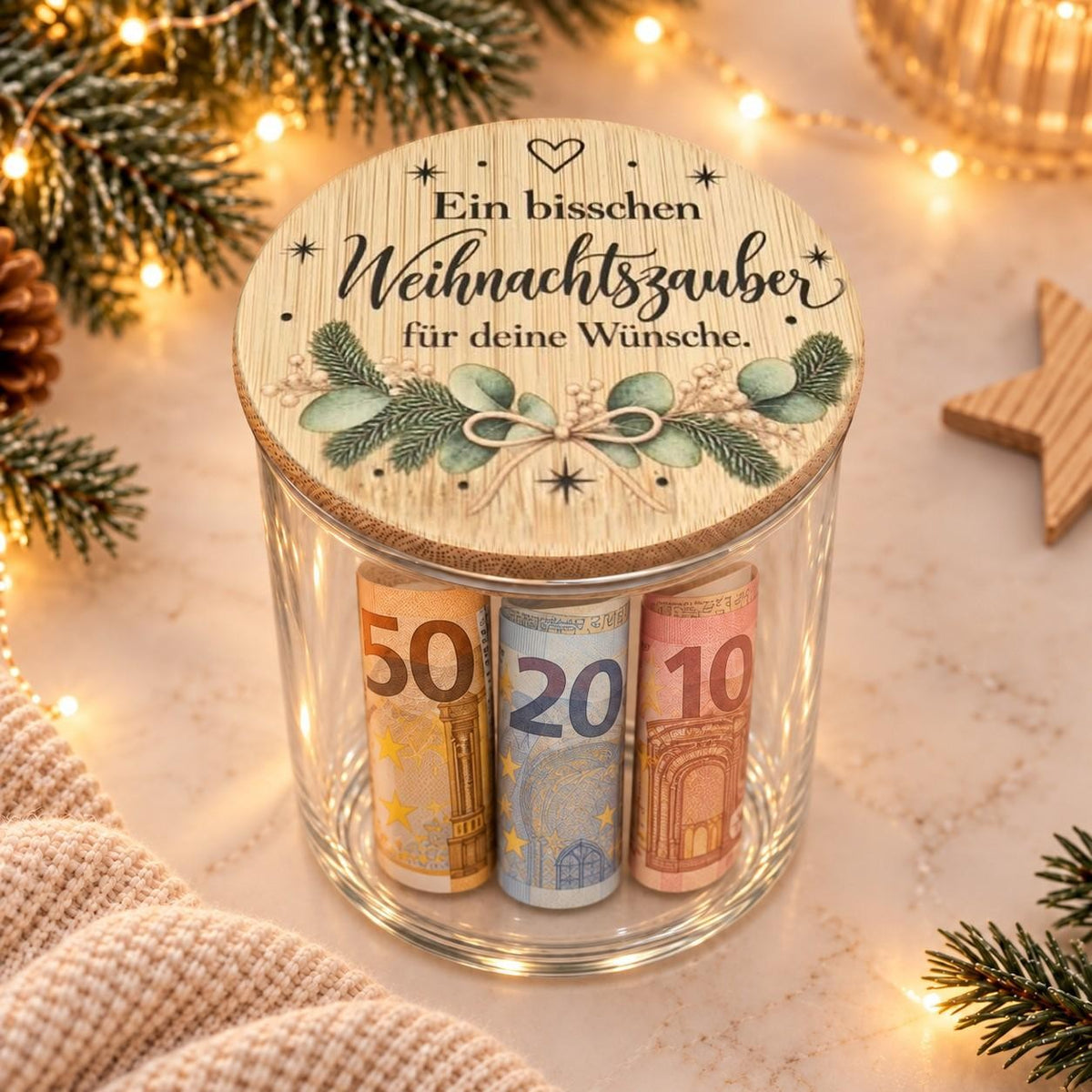 Standardversion: Glas „Weihnachtszauber“ mit gerollten Geldscheinen, ohne Zubehör