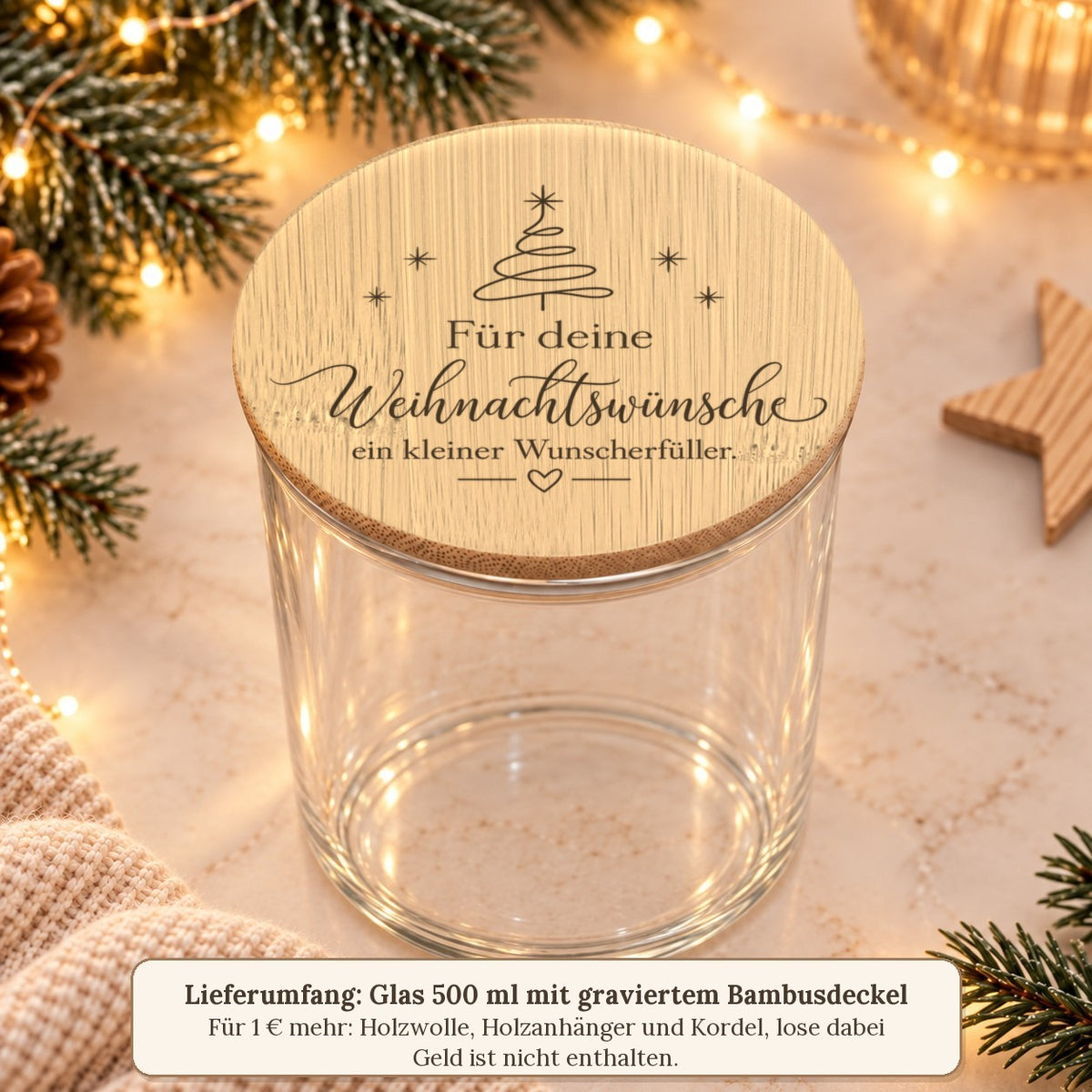 Lieferumfang: leeres 500-ml-Glas mit graviertem Bambusdeckel, Zubehör für 1 € mehr, Geld nicht enthalten