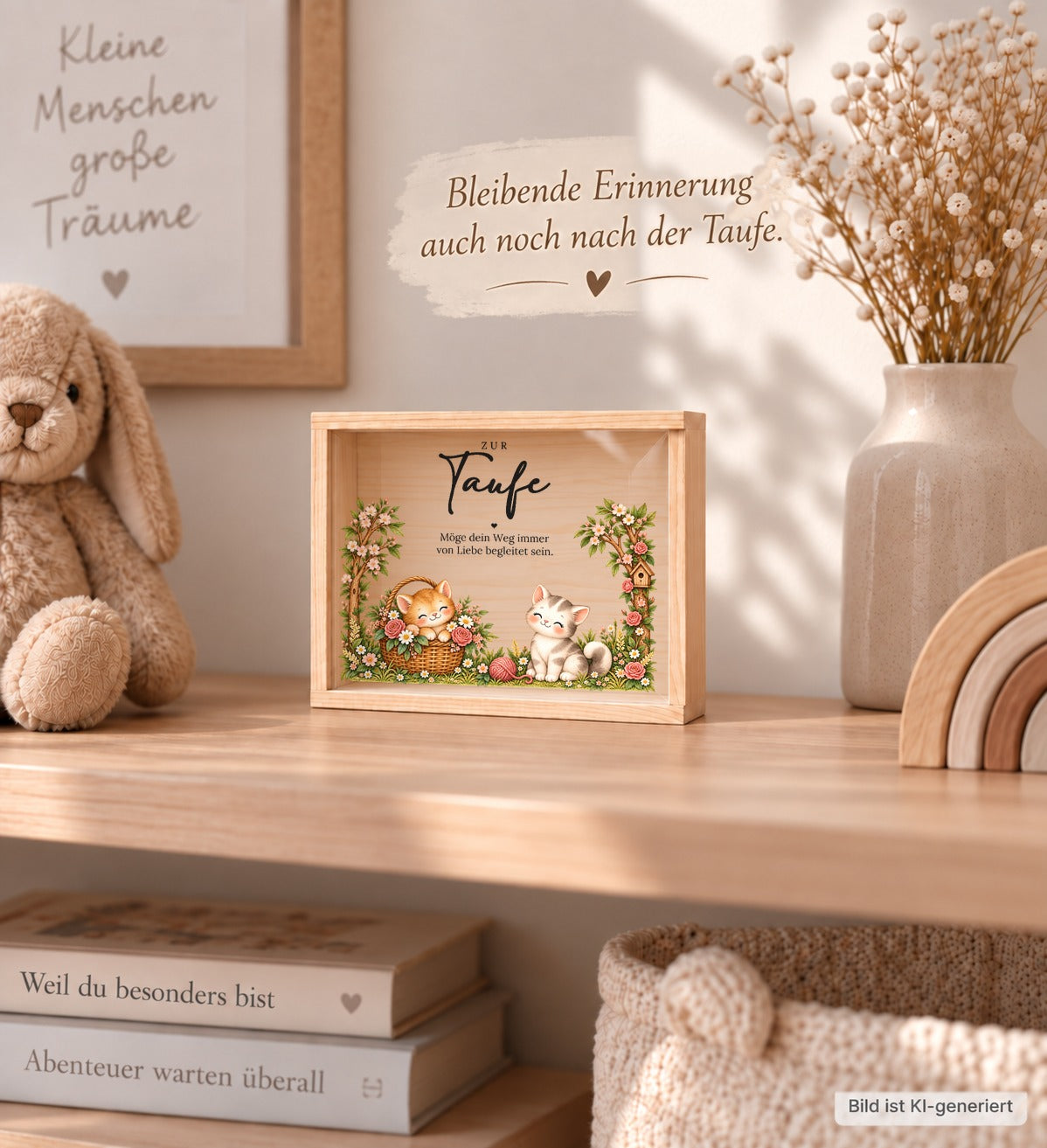 Taufkiste mit Kätzchen als Erinnerung im Kinderzimmerregal