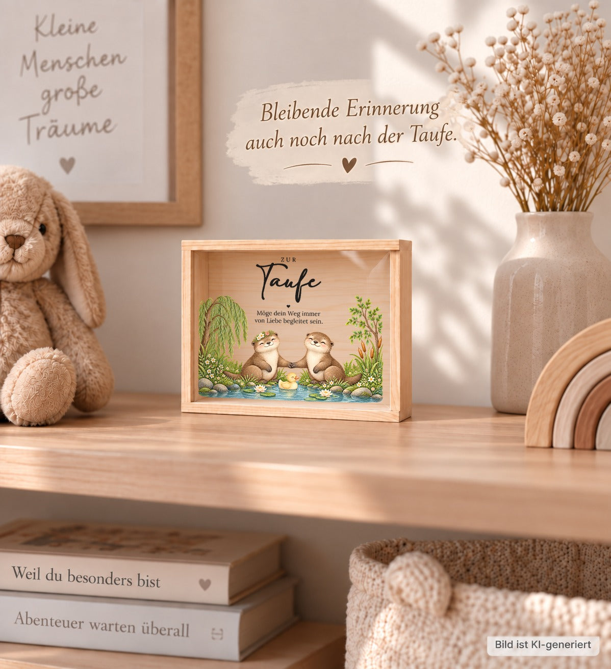 Taufkiste mit Ottern als Erinnerung im Kinderzimmerregal