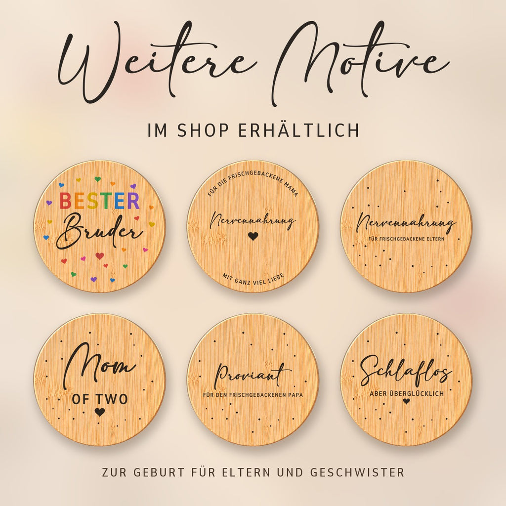 Weitere Spruch-Deckel für Eltern und Geschwister zur Geburt bei RoxisKreativShop