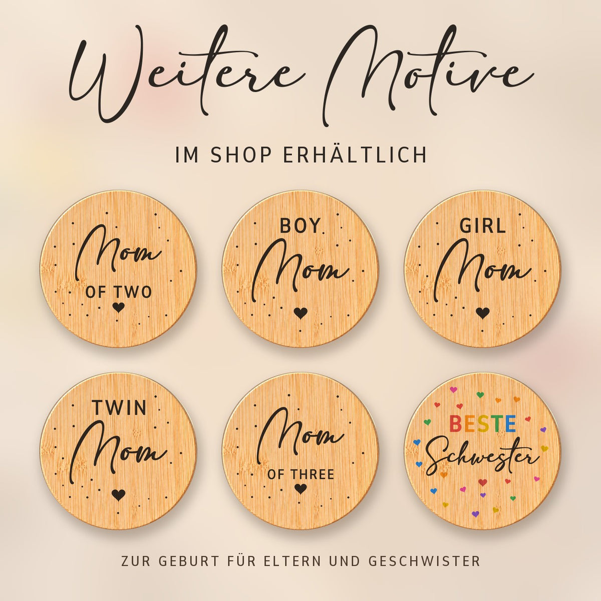 Weitere Spruch-Deckel für Eltern und Geschwister zur Geburt bei RoxisKreativShop