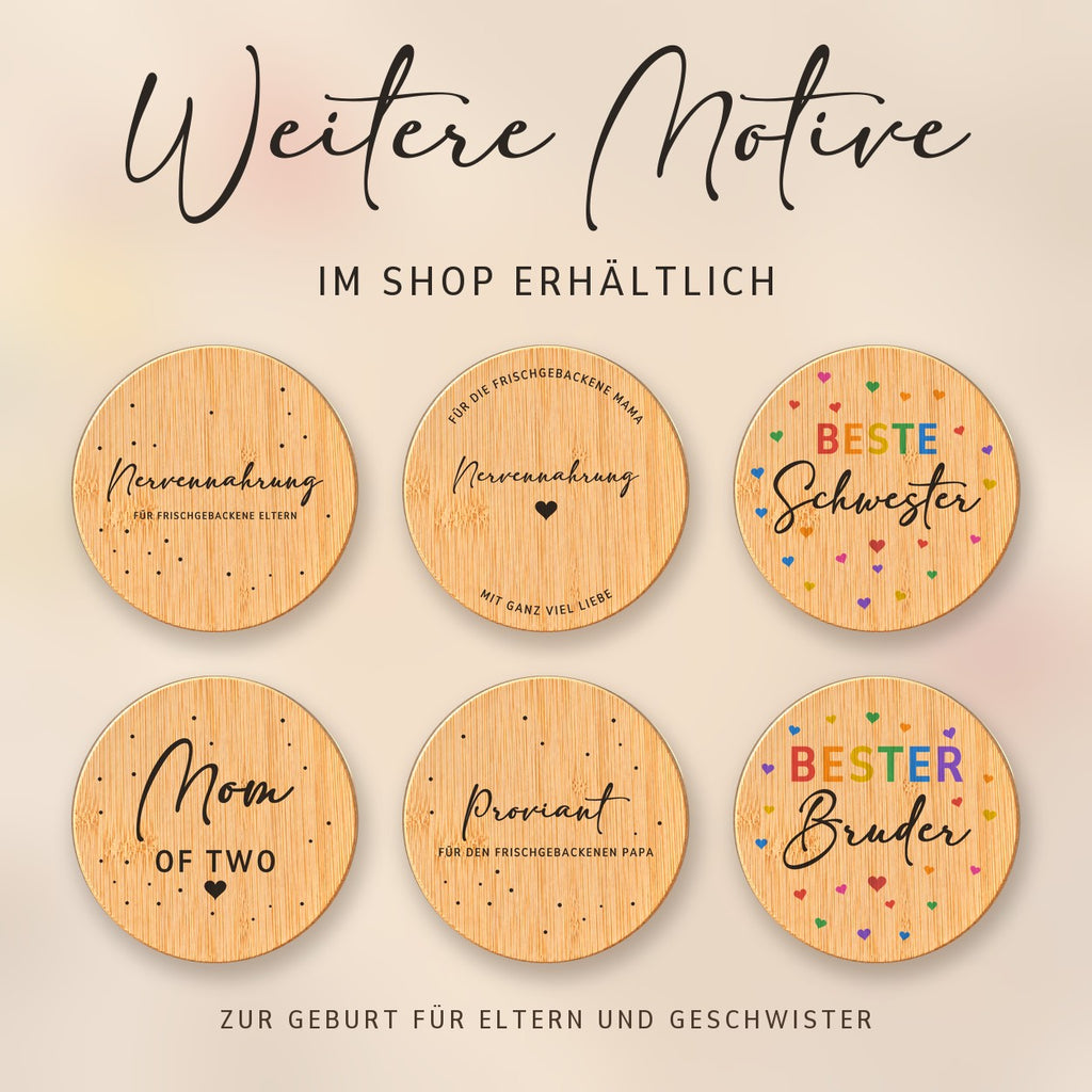 Weitere Spruch-Deckel für Eltern und Geschwister zur Geburt bei RoxisKreativShop