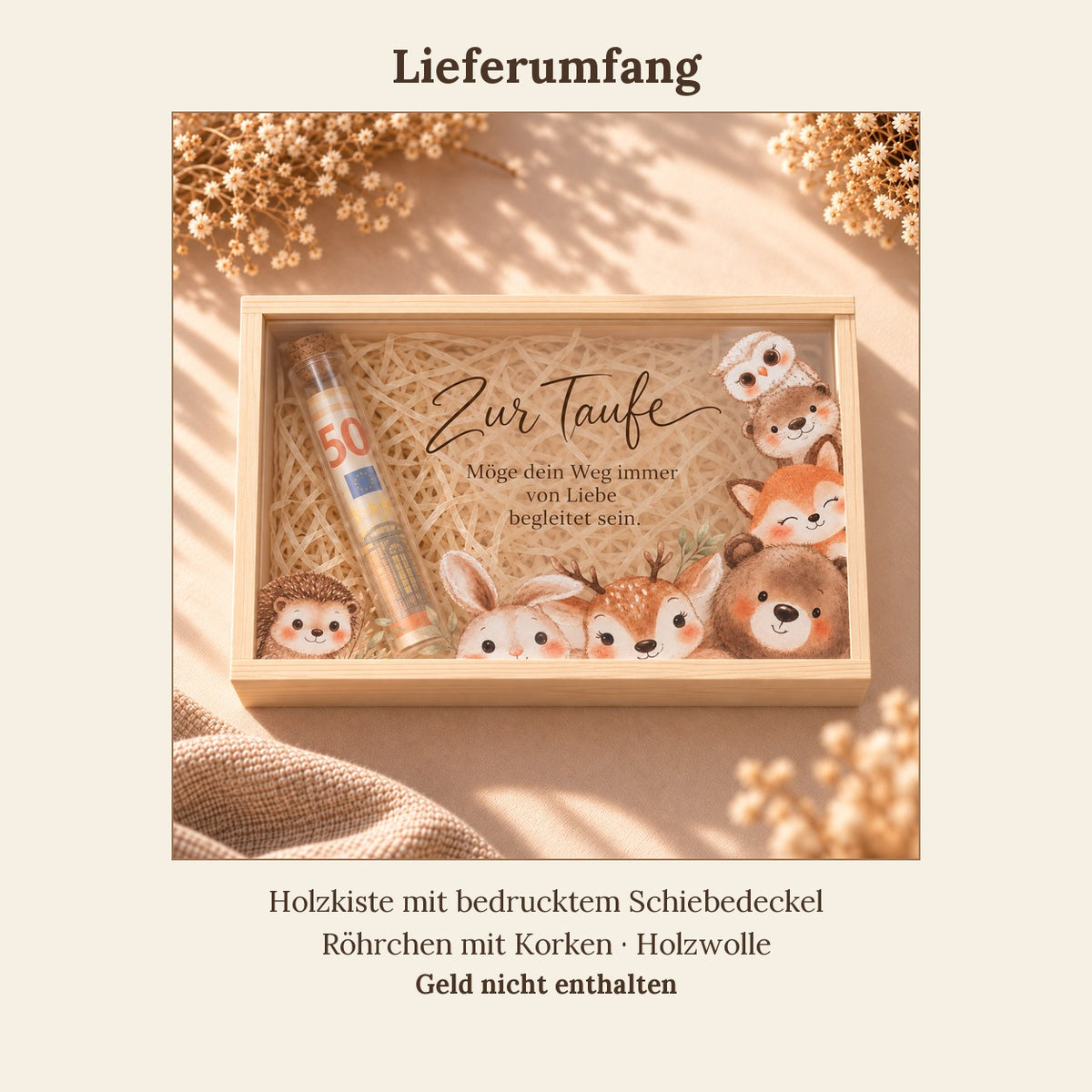 Lieferumfang: Holzkiste mit bedrucktem Schiebedeckel, Röhrchen mit Korken und Holzwolle, Geld nicht enthalten