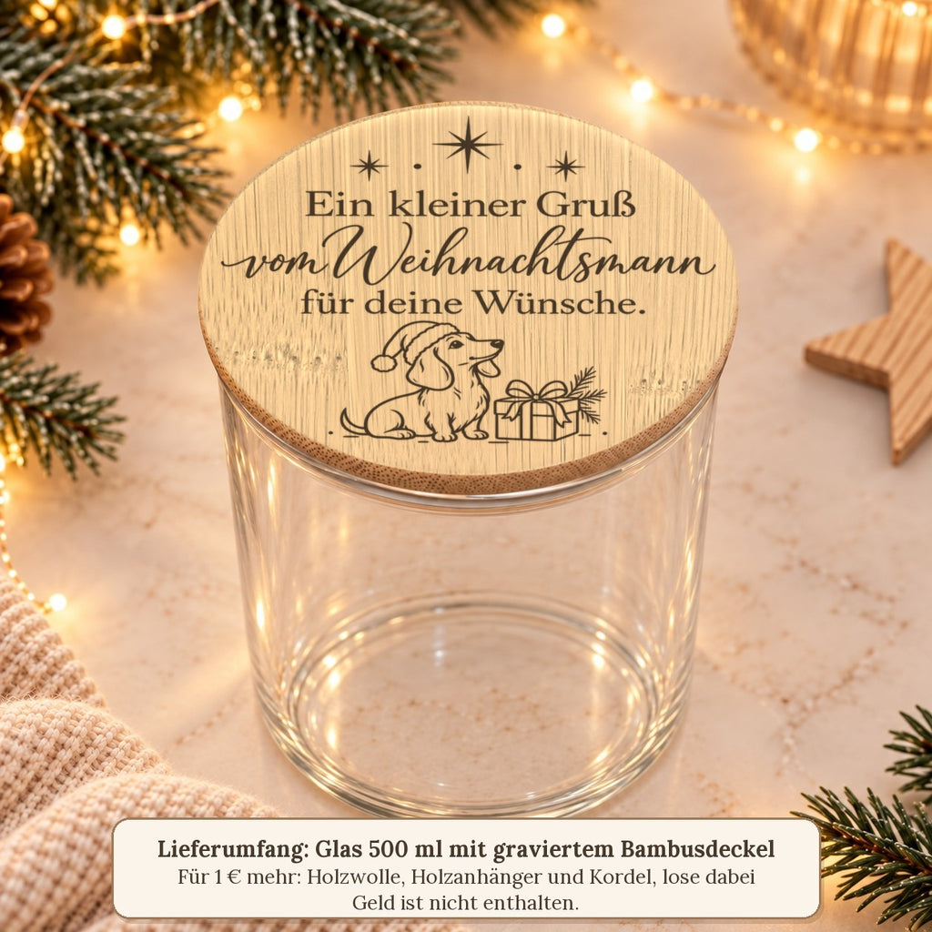 Lieferumfang: leeres 500-ml-Glas mit graviertem Bambusdeckel, Zubehör für 1 € mehr, Geld nicht enthalten
