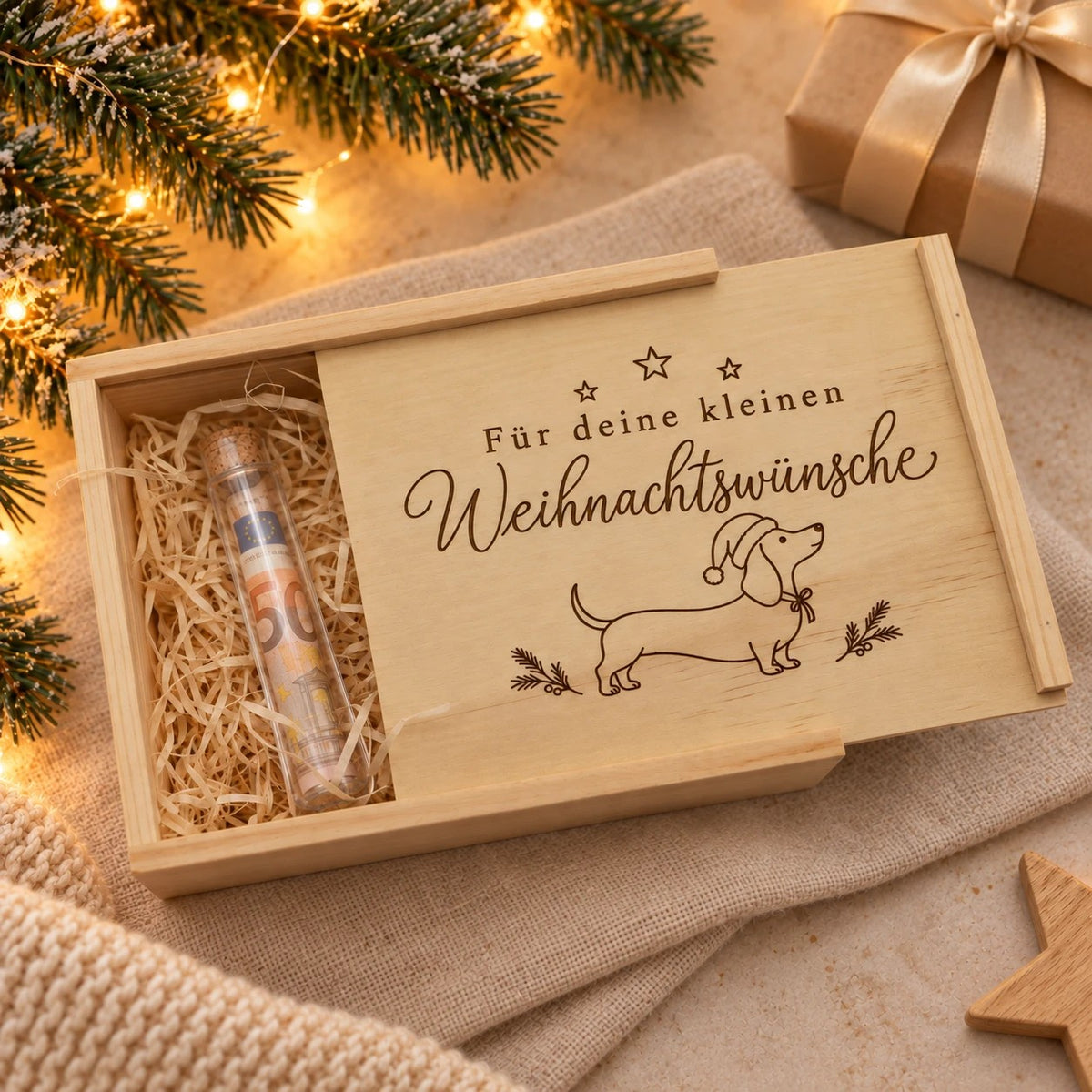 Dackel-Holzkiste mit Geldgeschenk neben einem Weihnachtspaket