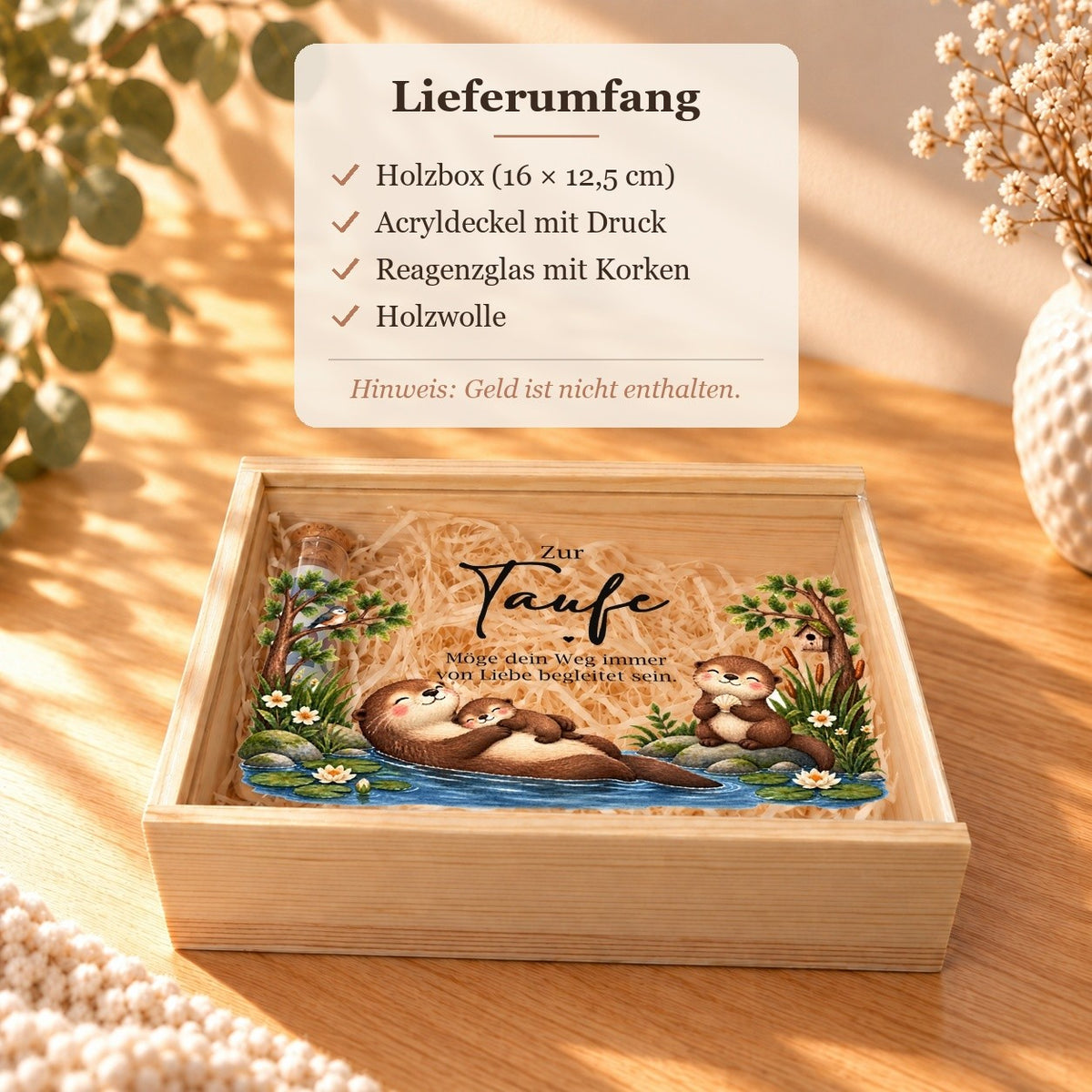 Lieferumfang: Holzbox, Acryldeckel mit Druck, Reagenzglas mit Korken und Holzwolle, Geld nicht enthalten