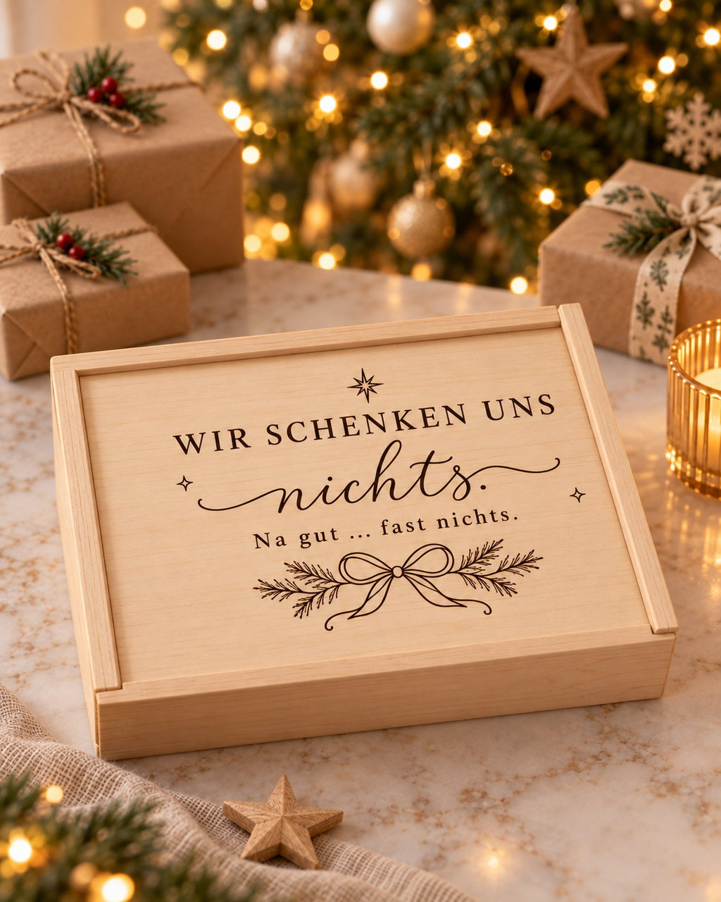 „Wir schenken uns nichts“-Holzkiste als Geldgeschenk unter dem Weihnachtsbaum
