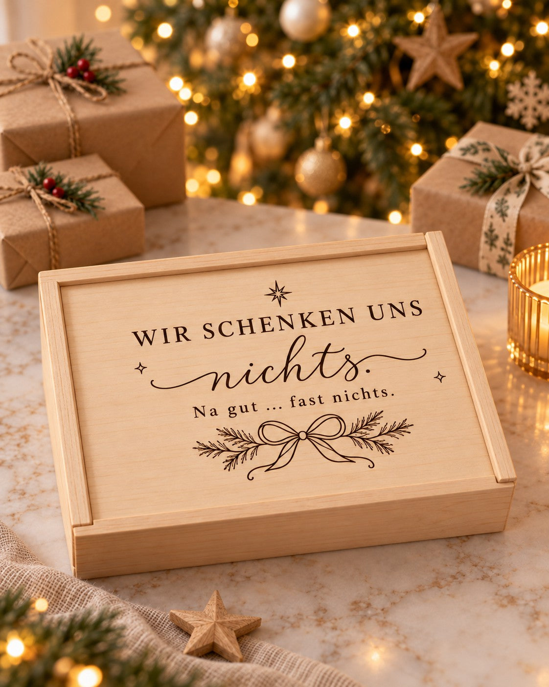 „Wir schenken uns nichts“-Holzkiste als Geldgeschenk unter dem Weihnachtsbaum
