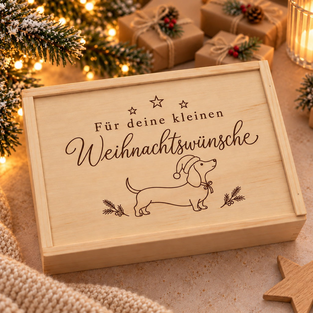 Dackel Geschenk unter dem Weihnachtsbaum: geschlossene Holzkiste mit Gravur