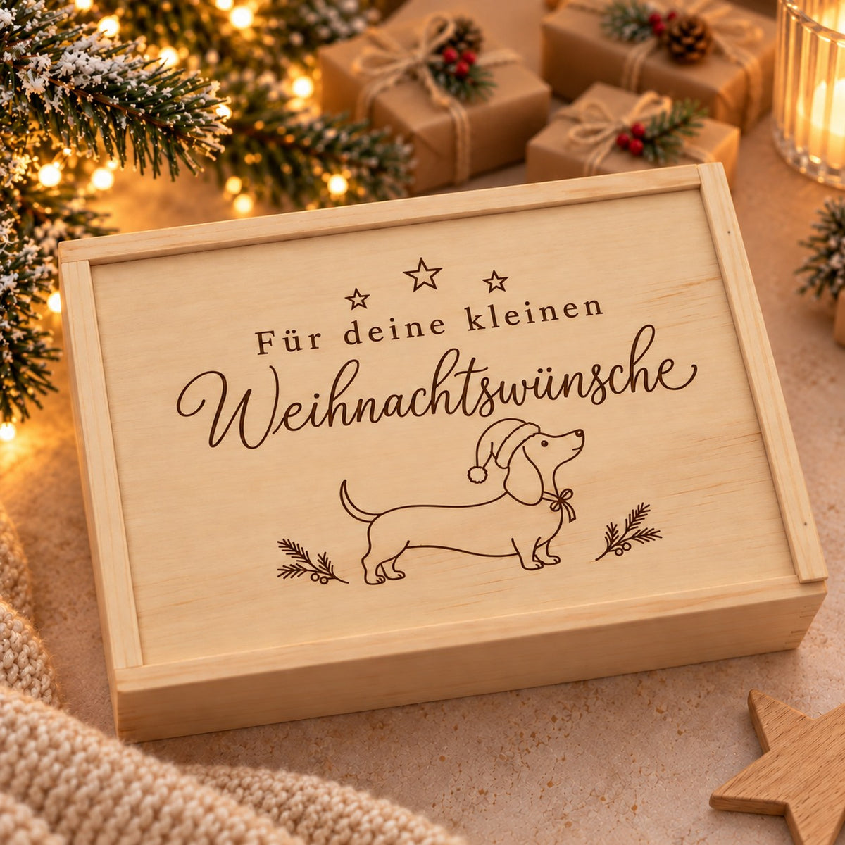 Dackel Geschenk unter dem Weihnachtsbaum: geschlossene Holzkiste mit Gravur