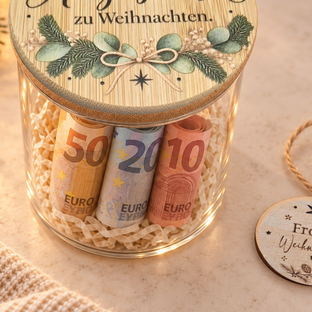 Geld im Glas verschenken: gerollte 50-, 20- und 10-Euro-Scheine in Holzwolle unter dem Deckel „Herzenswunsch“