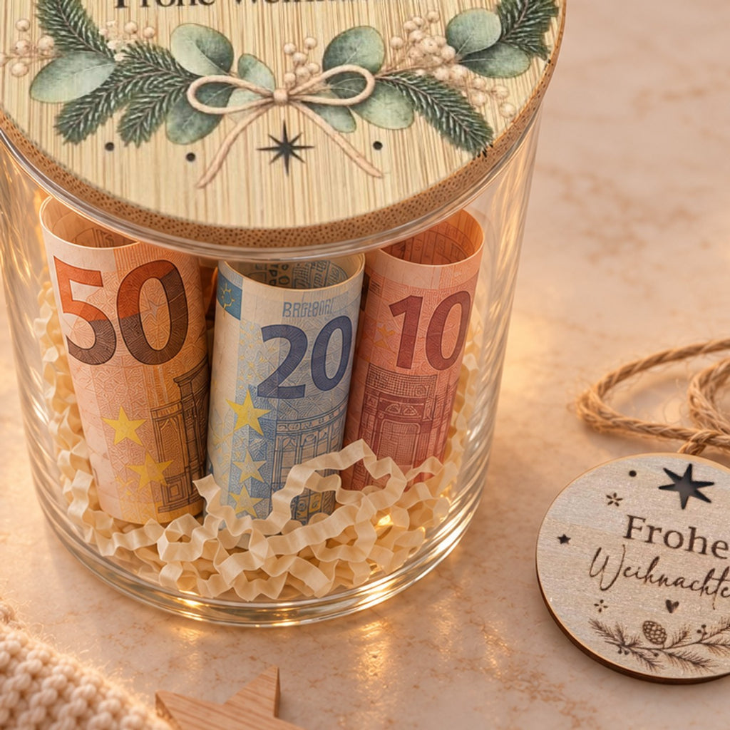 Geld im Glas verschenken: gerollte 50-, 20- und 10-Euro-Scheine in Holzwolle unter dem Deckel „Kleiner Zuschuss“