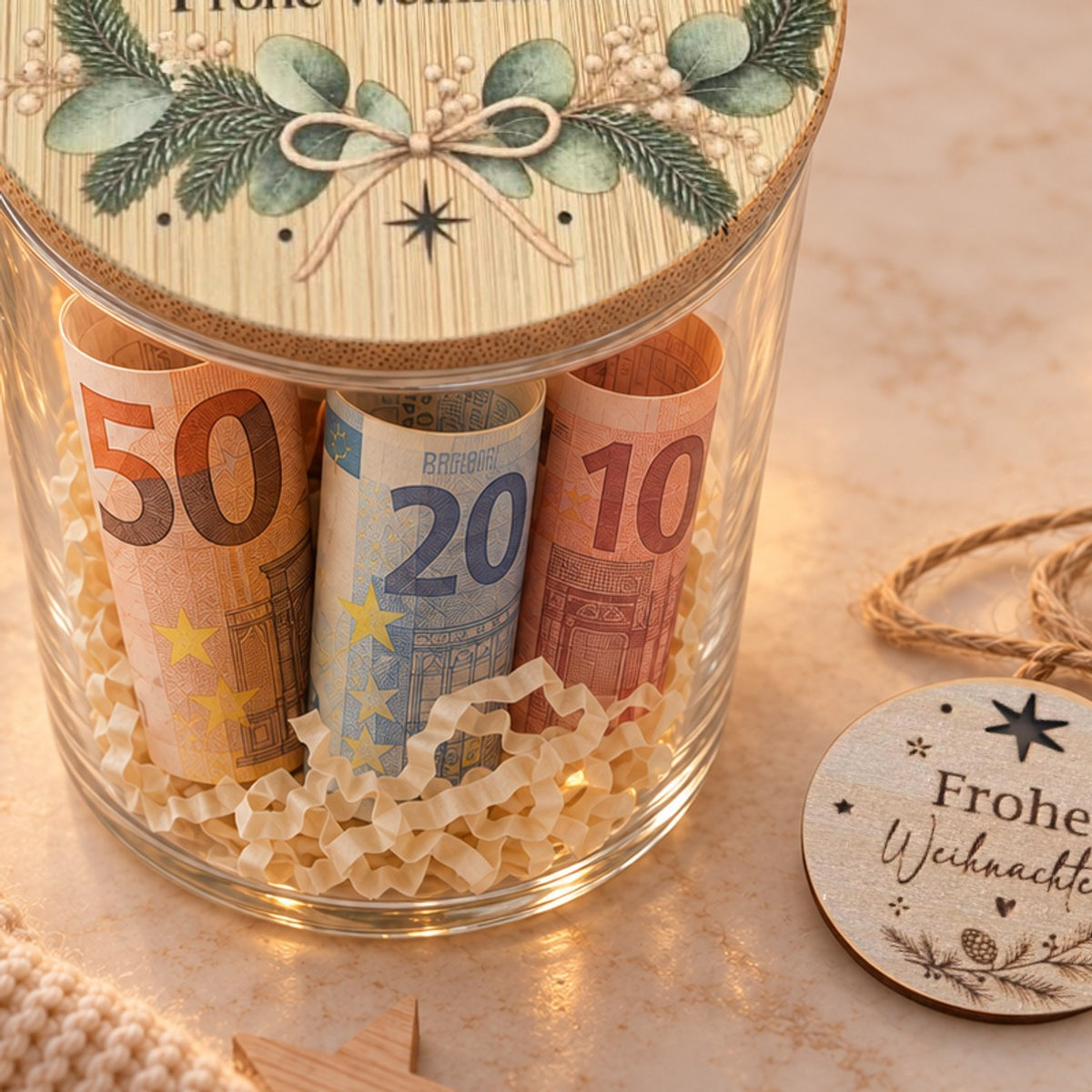Geld im Glas verschenken: gerollte 50-, 20- und 10-Euro-Scheine in Holzwolle unter dem Deckel „Kleiner Zuschuss“