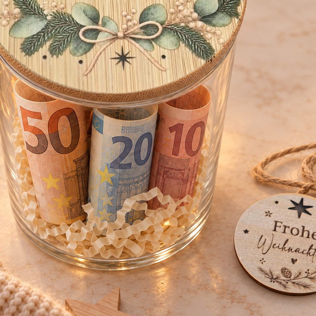 Geld im Glas verschenken: gerollte 50-, 20- und 10-Euro-Scheine in Holzwolle unter dem Deckel „Weihnachtszauber“