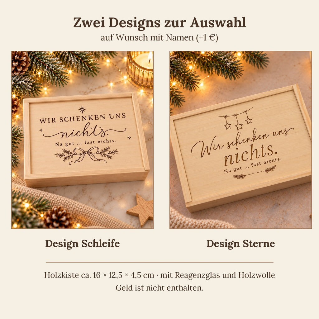 „Wir schenken uns nichts“-Holzkiste in zwei Designs: Schleife und Sterne, auf Wunsch mit Namen