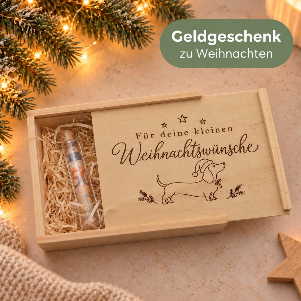 Geldgeschenk zu Weihnachten: Holzkiste mit Dackel und Weihnachtsmütze