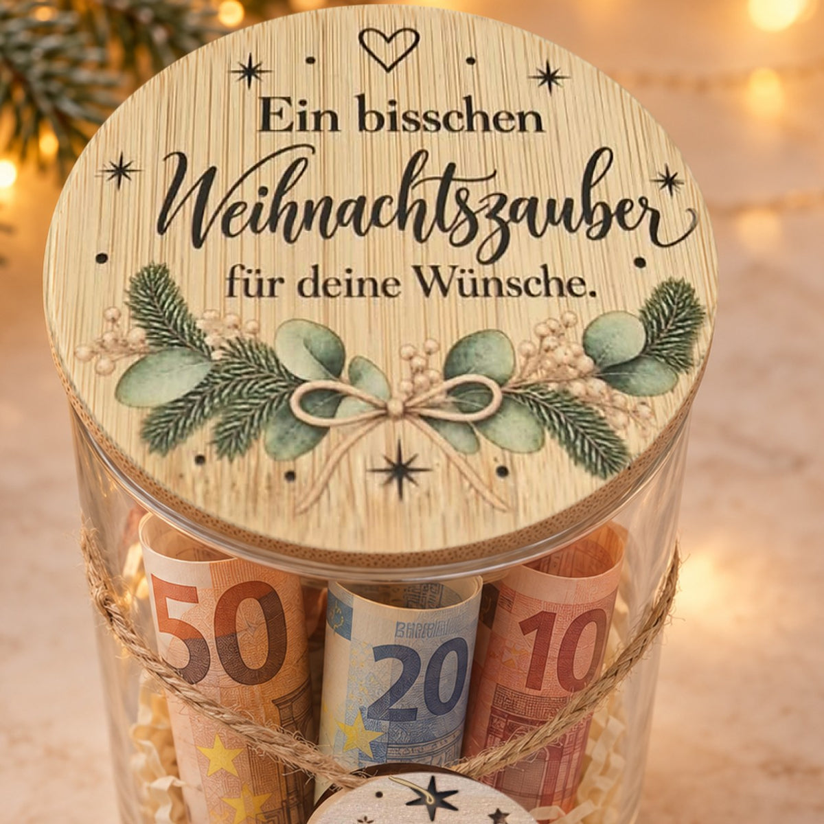 Bambusdeckel mit Spruch „Ein bisschen Weihnachtszauber für deine Wünsche“