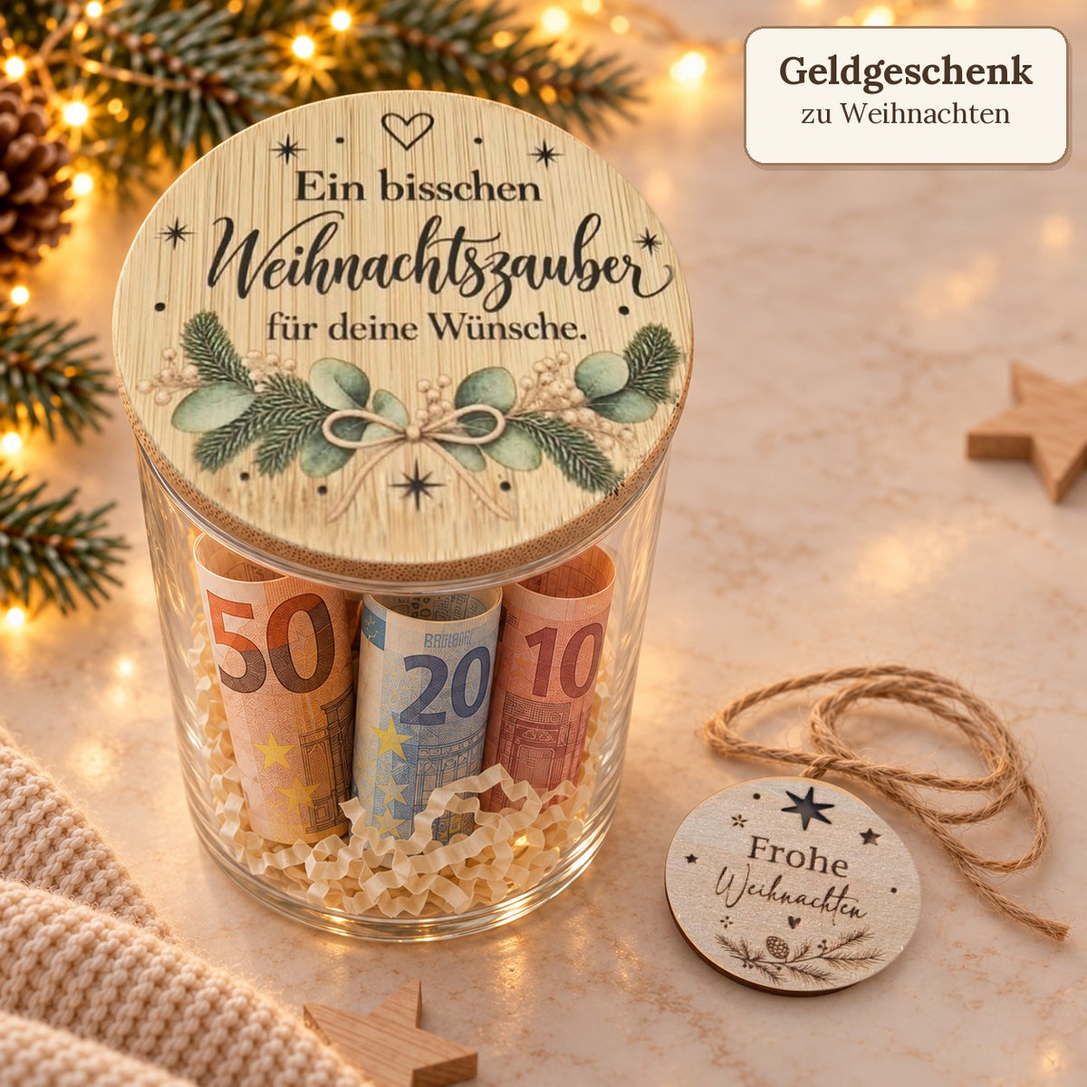 Geldgeschenk im Glas Weihnachtszauber mit Holzanhänger und Kordel daneben