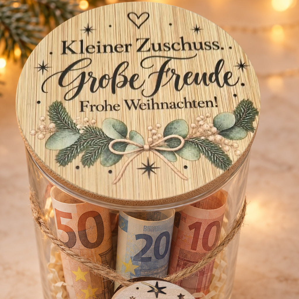 Bambusdeckel mit Spruch „Kleiner Zuschuss. Große Freude. Frohe Weihnachten!“