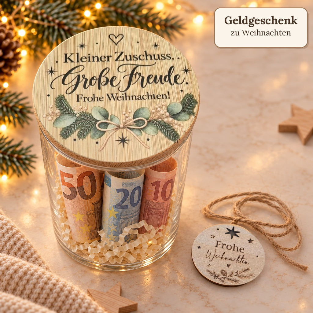 Geldgeschenk im Glas Kleiner Zuschuss mit Holzanhänger und Kordel daneben