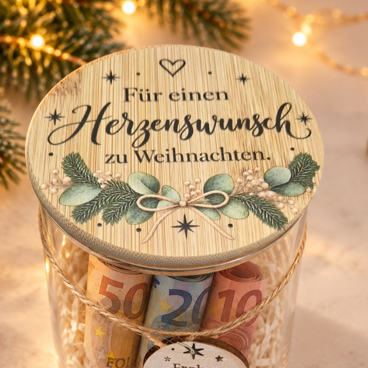 Bambusdeckel mit Spruch „Für einen Herzenswunsch zu Weihnachten“