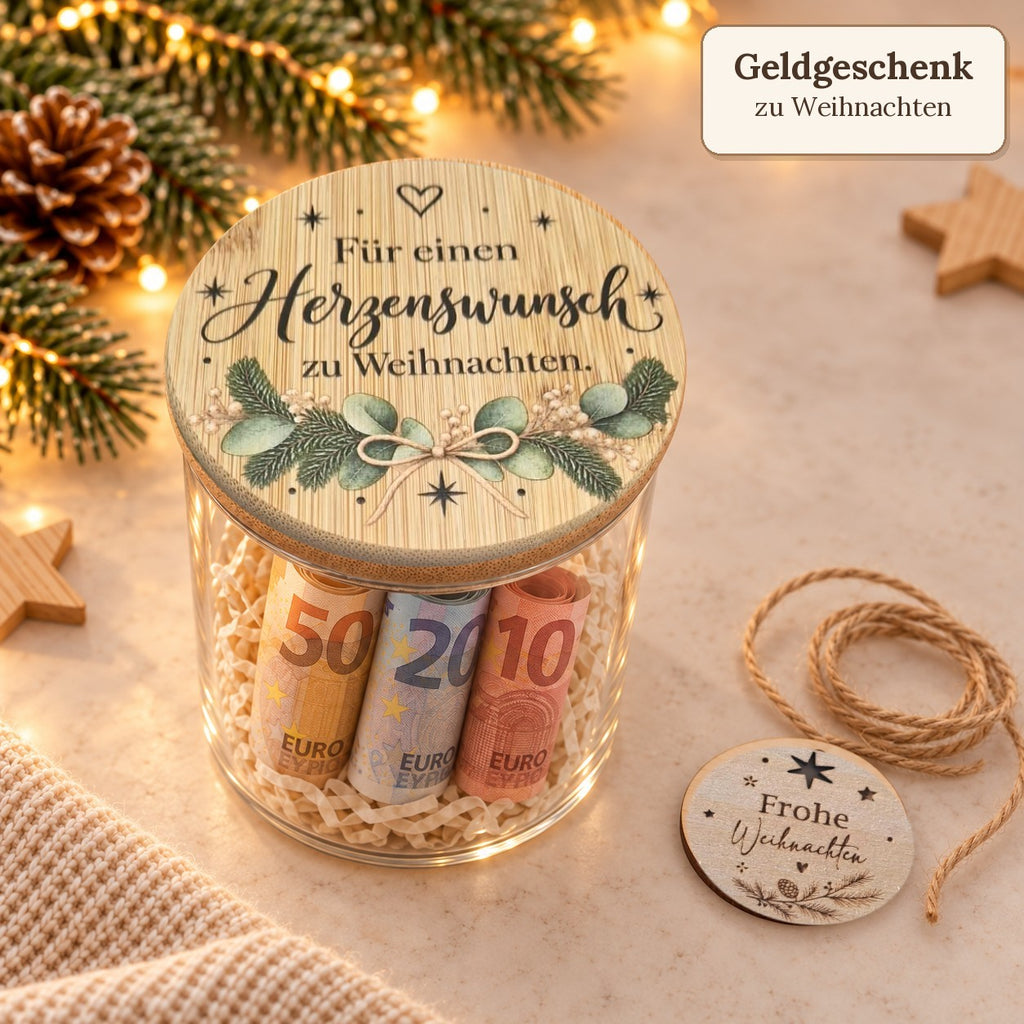 Geldgeschenk im Glas Herzenswunsch mit Holzanhänger und Kordel daneben