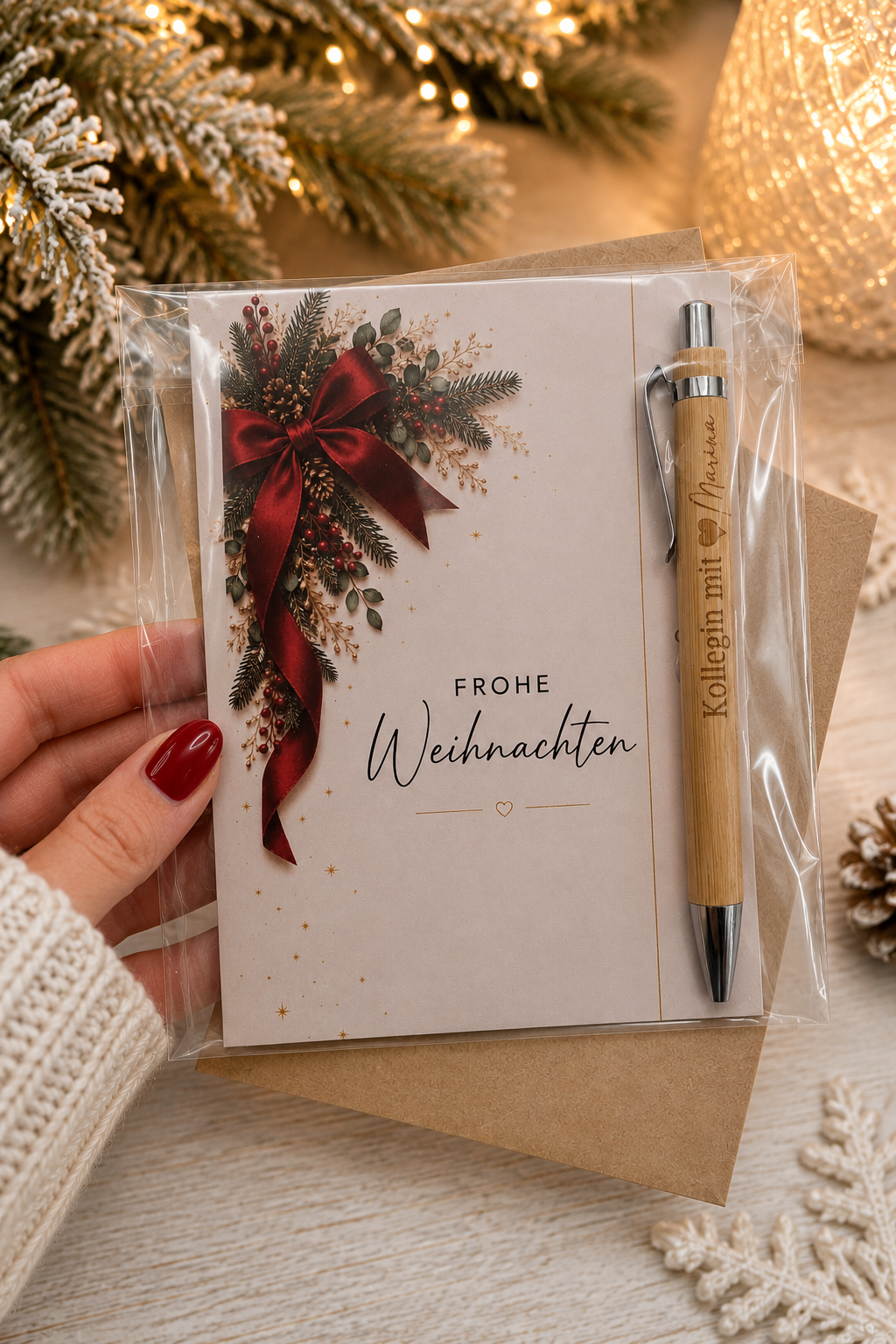 Verpacktes Weihnachtsgeschenk für Mitarbeiter mit A6-Karte, Umschlag und Holzkugelschreiber