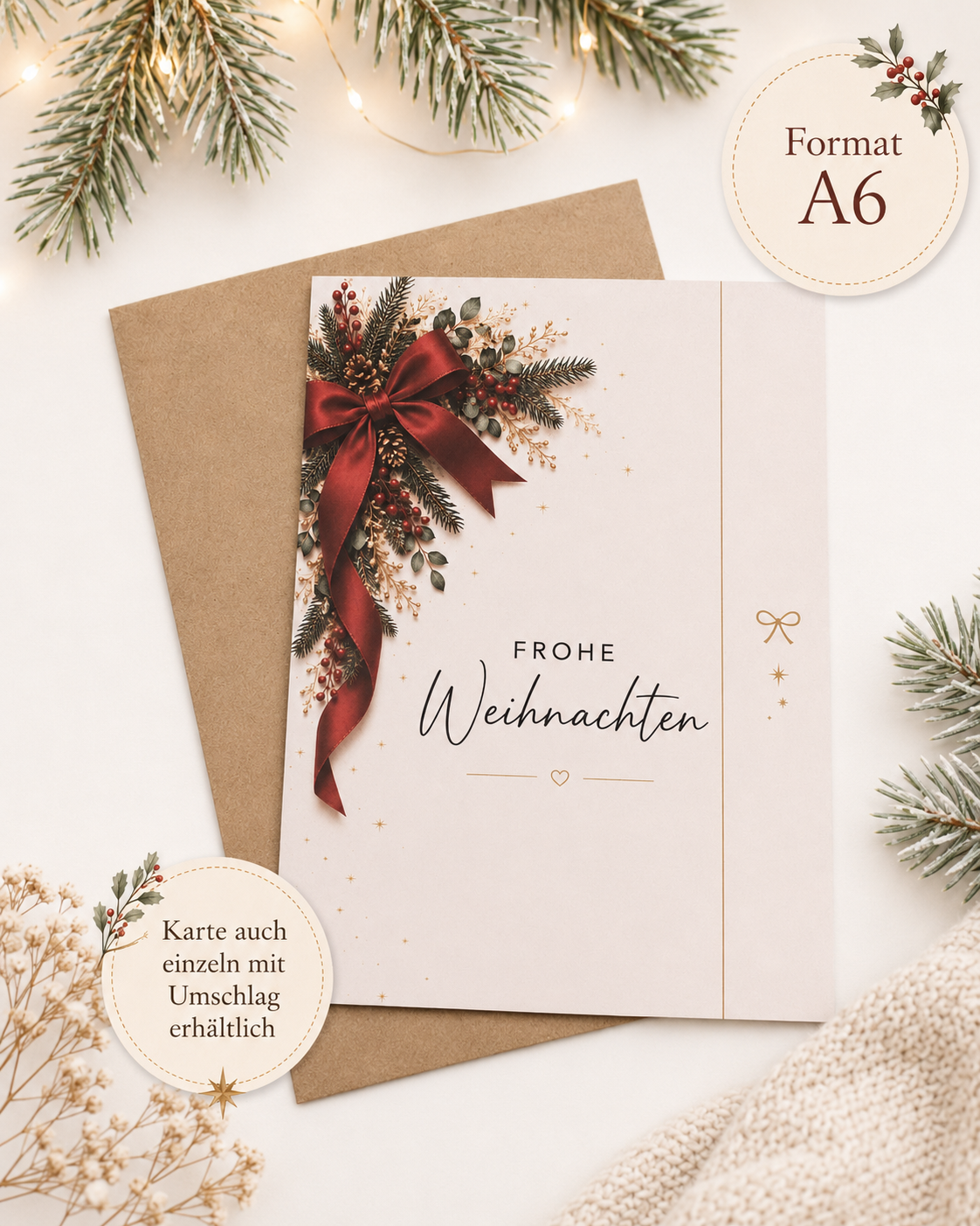 Weihnachtskarte „Frohe Weihnachten“ im Format A6 mit optionalem Umschlag