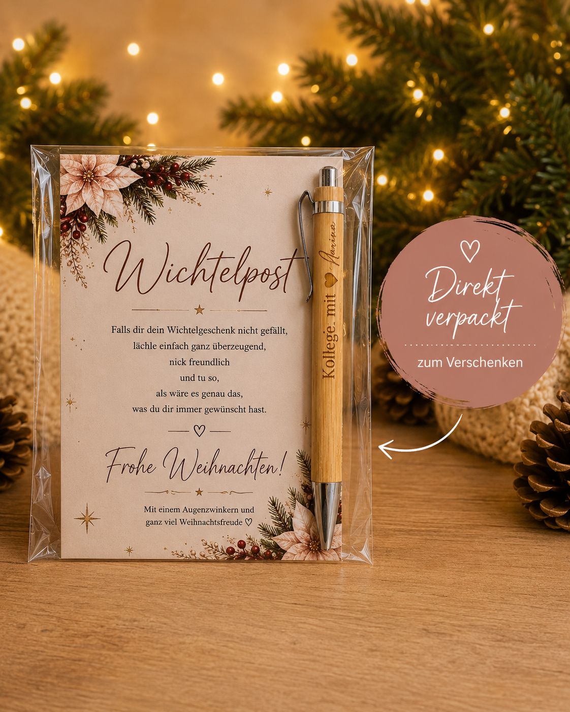 Witziges Wichtelgeschenk – personalisierter Kuli mit Weihnachtskarte