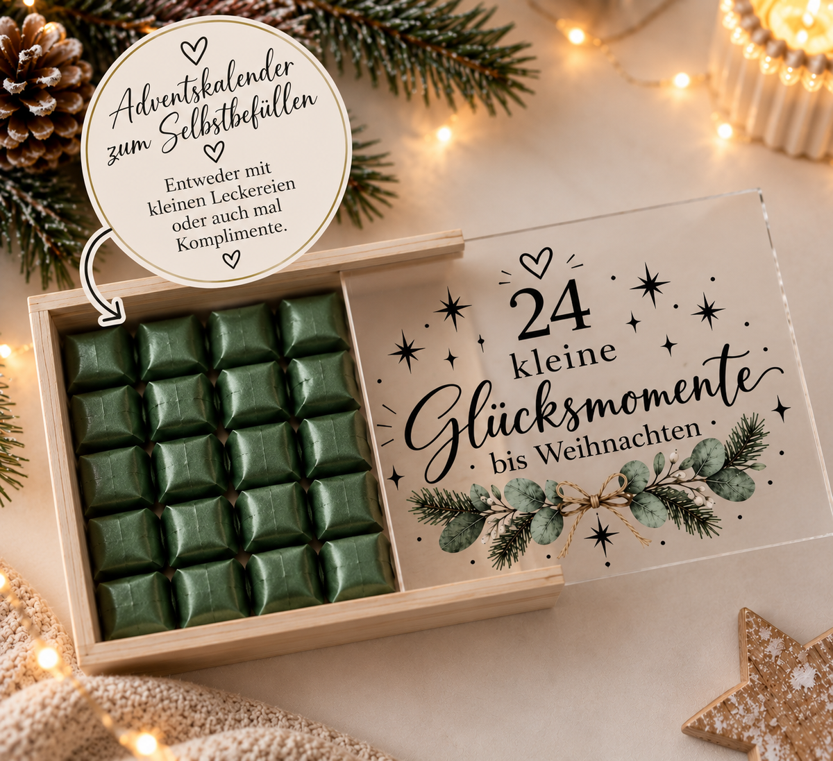 Adventskalender-Box aus Holz mit bedrucktem Schiebedeckel