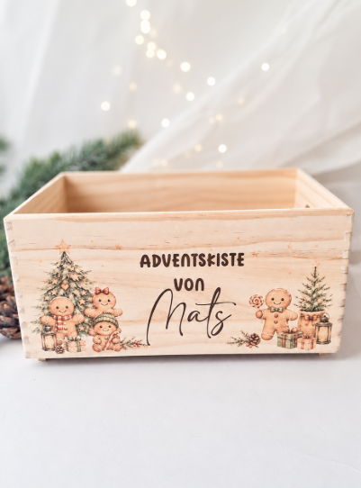 Leere personalisierte Adventskiste von Mats mit Lebkuchenmotiv zum Selberbefüllen