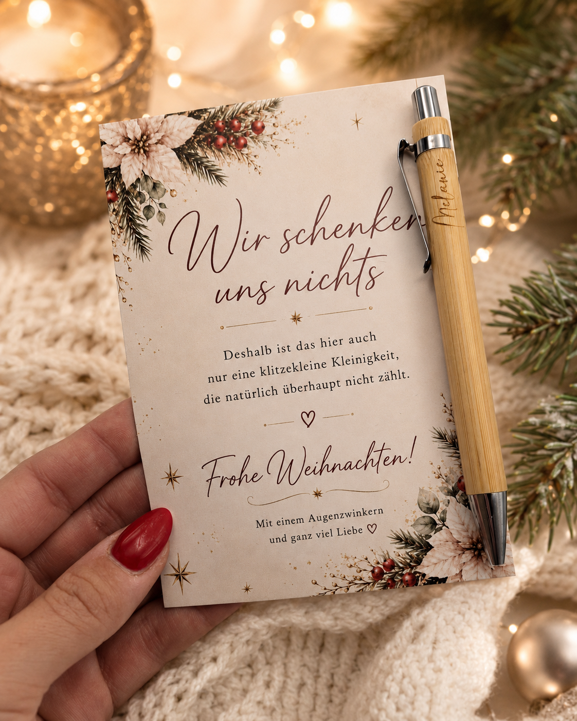 Weihnachtskarte „Wir schenken uns nichts“ im Format A6 mit optionalem Umschlag