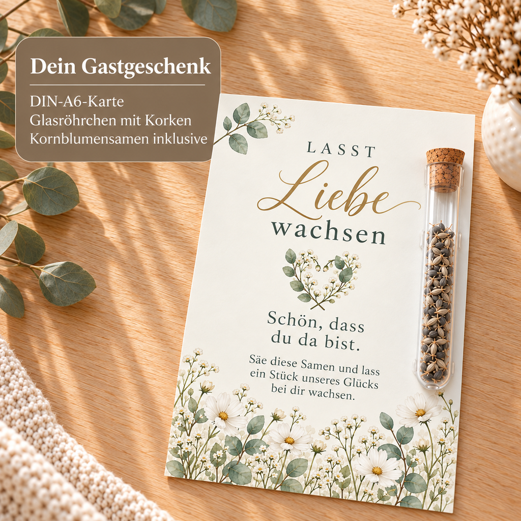 Lieferumfang: DIN-A6-Karte, Glasröhrchen mit Korken und Kornblumensamen