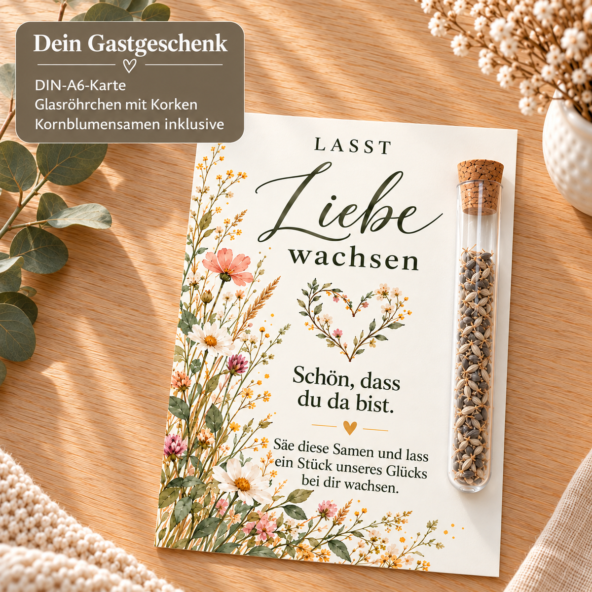 Lieferumfang: DIN-A6-Karte, Glasröhrchen mit Korken und Kornblumensamen