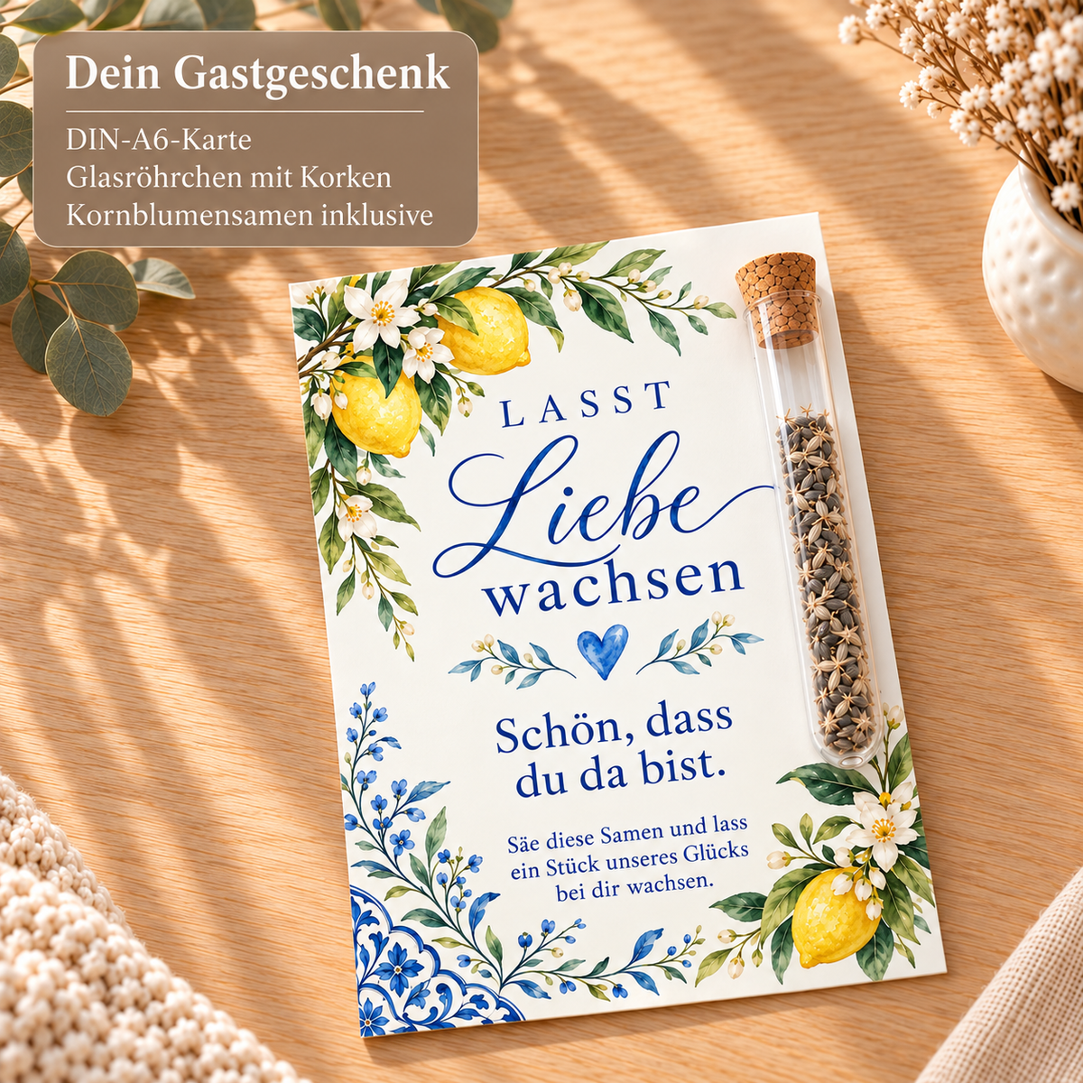 Lieferumfang: DIN-A6-Karte, Glasröhrchen mit Korken und Kornblumensamen