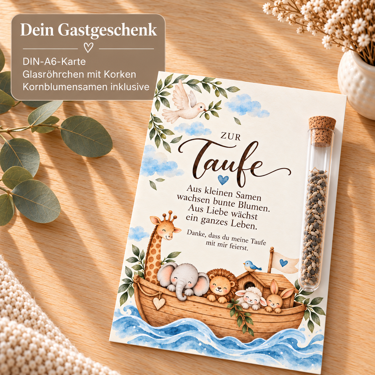 Lieferumfang: DIN-A6-Karte, Glasröhrchen mit Korken und Kornblumensamen