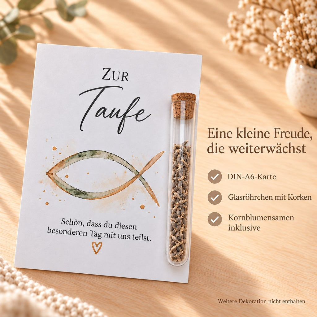 Lieferumfang: DIN-A6-Karte, Glasröhrchen mit Korken und Kornblumensamen