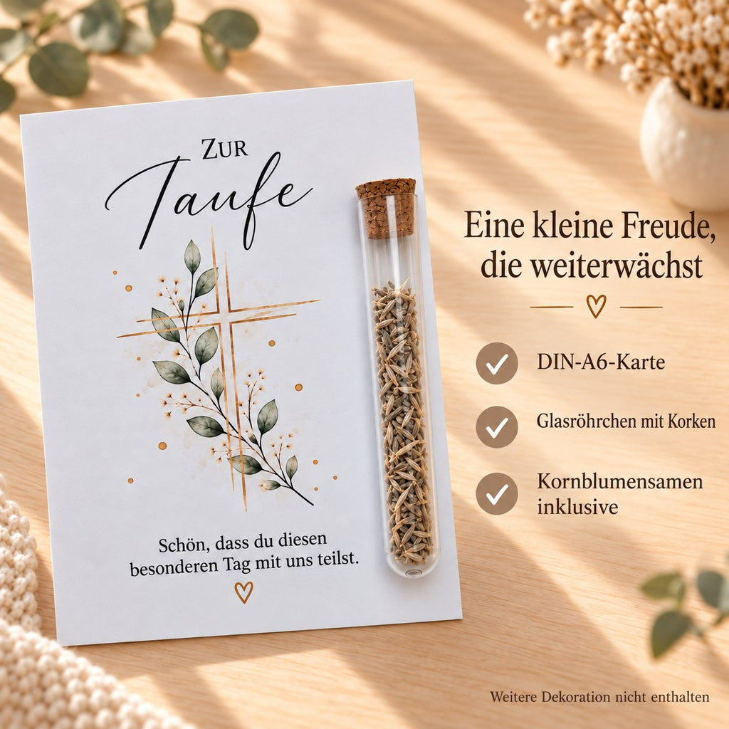 Lieferumfang: DIN-A6-Karte, Glasröhrchen mit Korken und Kornblumensamen