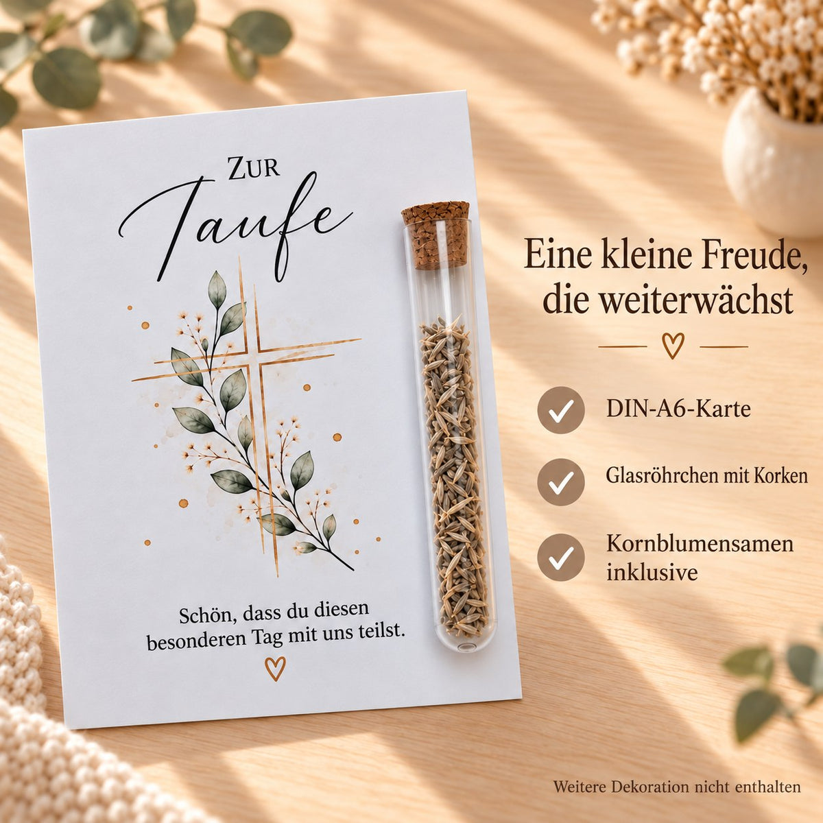 Lieferumfang: DIN-A6-Karte, Glasröhrchen mit Korken und Kornblumensamen