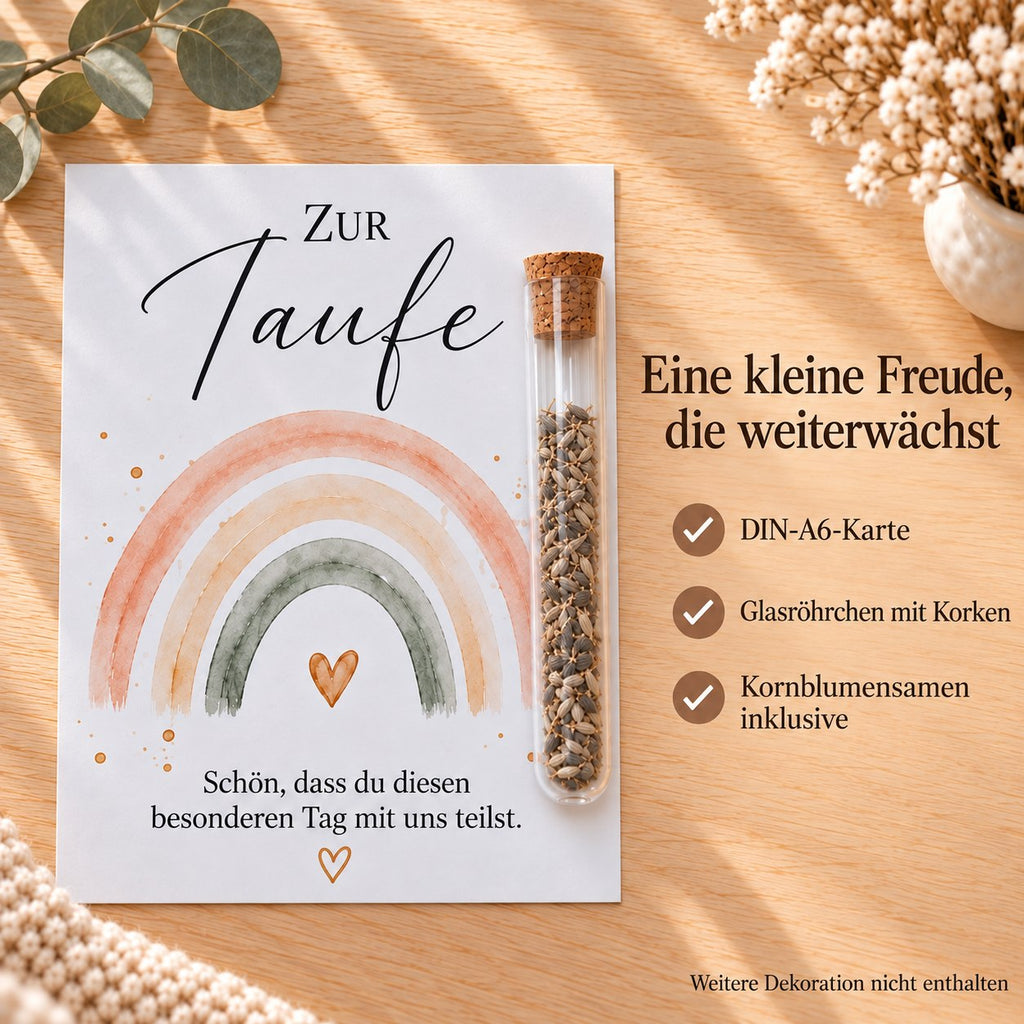 Lieferumfang: DIN-A6-Karte, Glasröhrchen mit Korken und Kornblumensamen