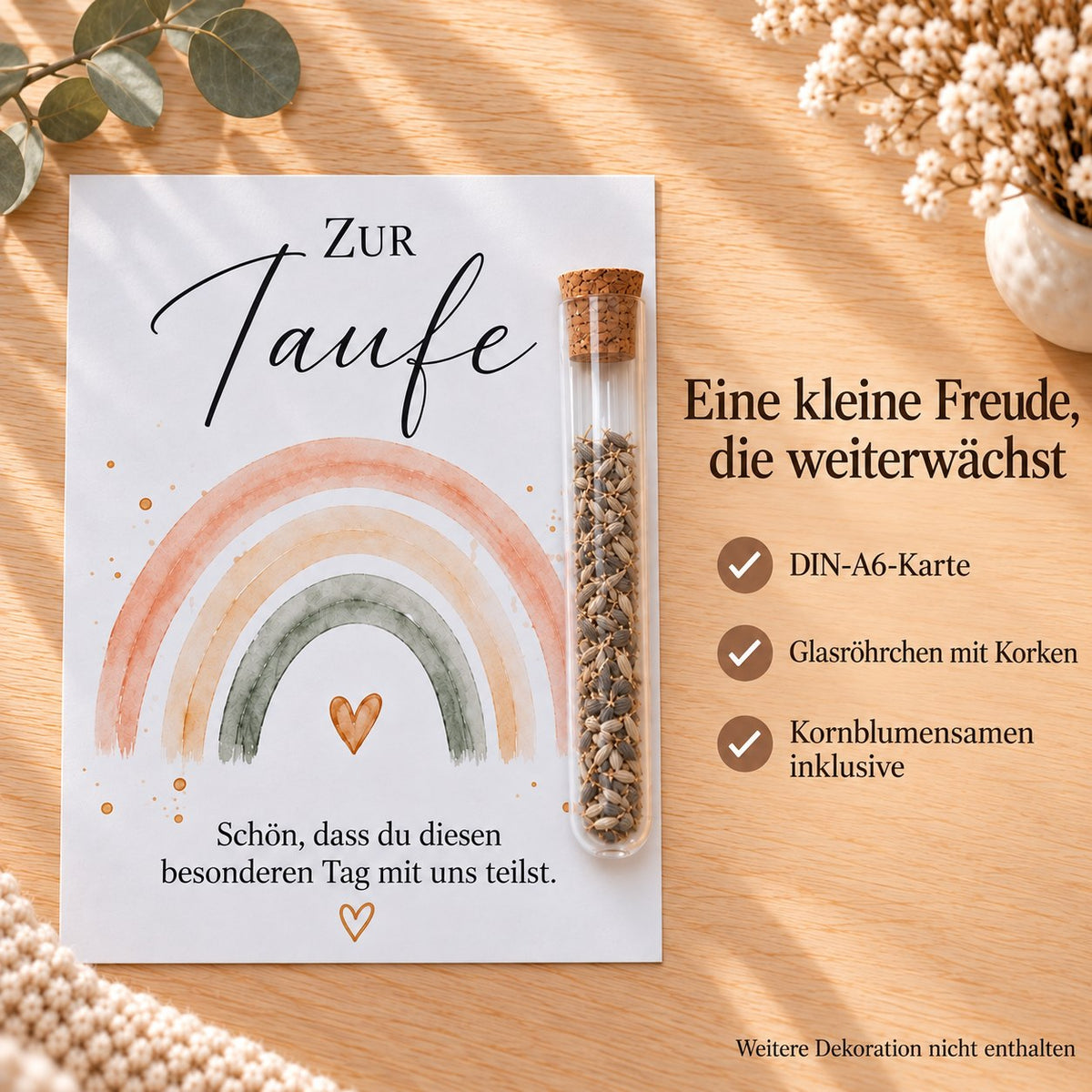 Lieferumfang: DIN-A6-Karte, Glasröhrchen mit Korken und Kornblumensamen