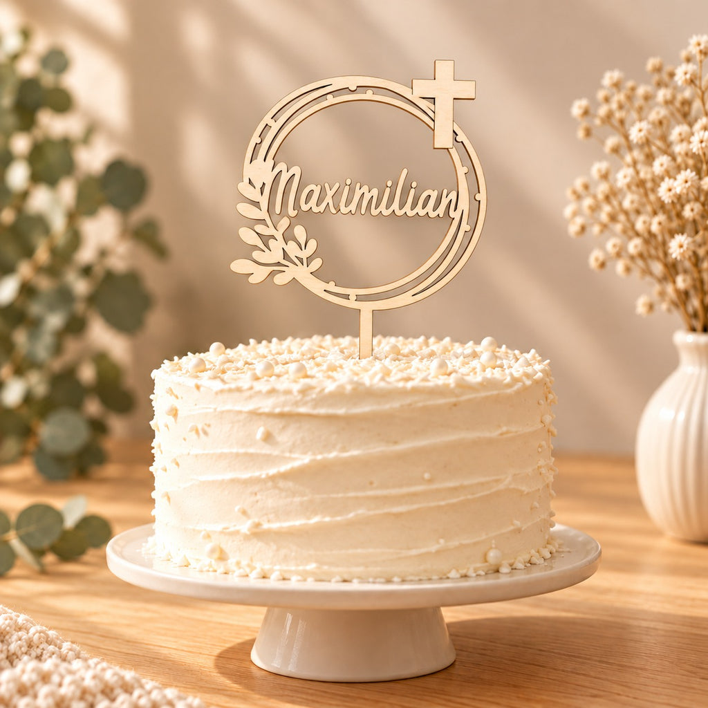 Caketopper zur Konfirmation aus Holz mit Namen im Blätterkranz und Kreuz auf der Torte