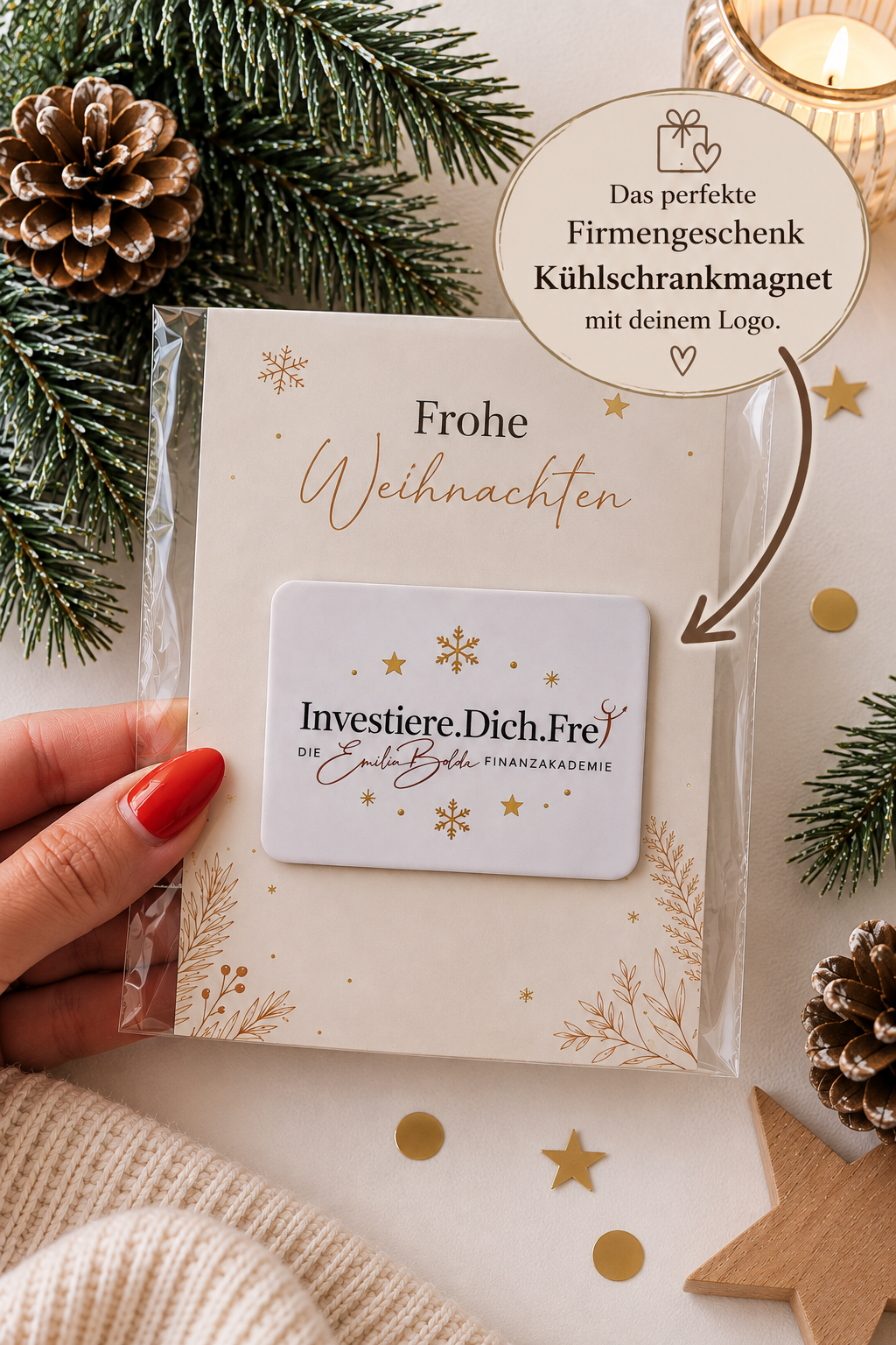 Weihnachtskarte mit Logo-Magnet für Kunden und Mitarbeiter
